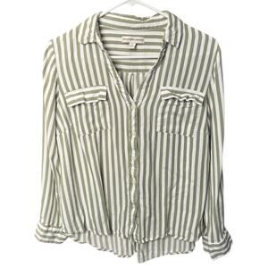 Alexander Jordan Green and White Striped Button Down Long Sleeve Blouse - L